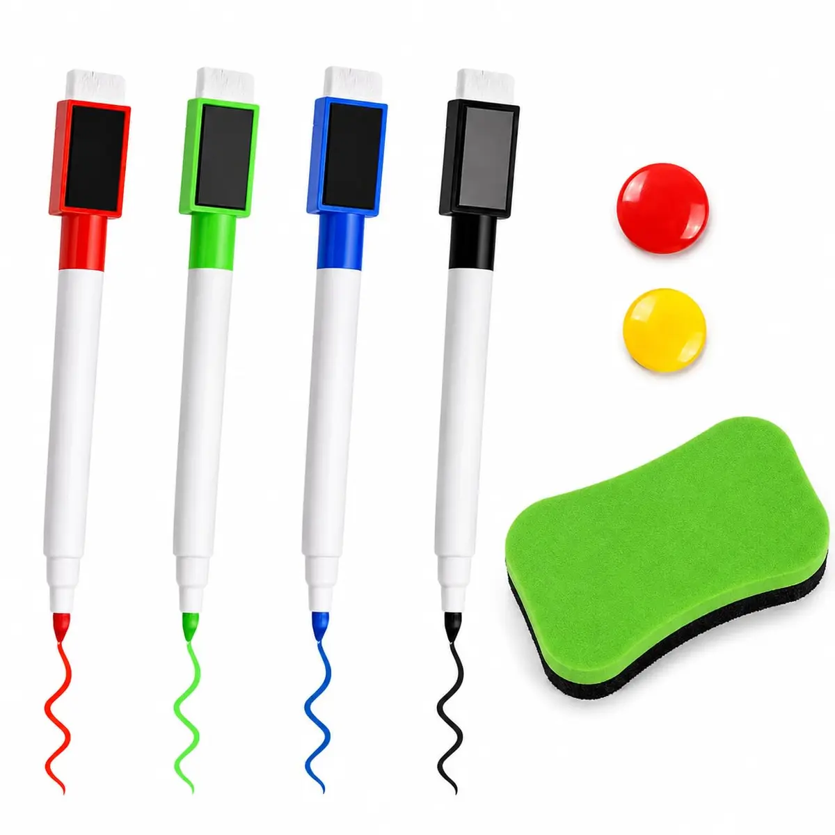 Kit 4 Canetas Coloridas para Quadro Branco com Marcador, Apagador e Ímãs | 4 Canetas, Apagador Incluído, Magnético, Uso em Quadro Branco