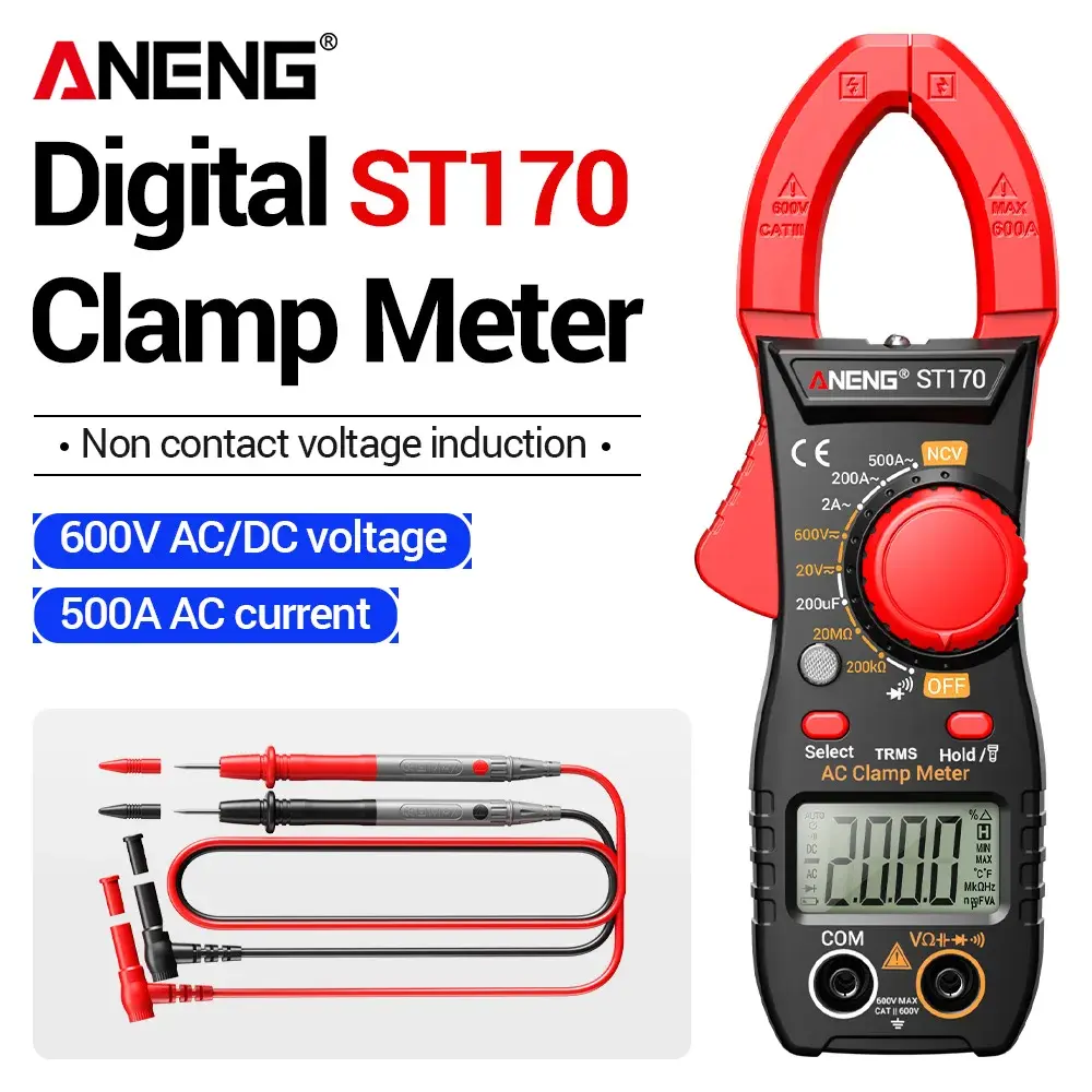 Multímetro Digital de Alicate Amperímetro ANENG ST170 500A para Corrente AC, Tensão AC/DC, Frequência (Hz), Capacitância, NCV, Ohm, Diodo e Testador de Resistência