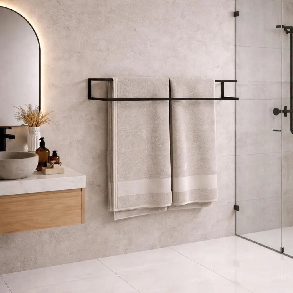 Porta Toalha Duplo de Parede em Aço com Perfil Quadrado para Banheiro e Lavabo(PRETO)