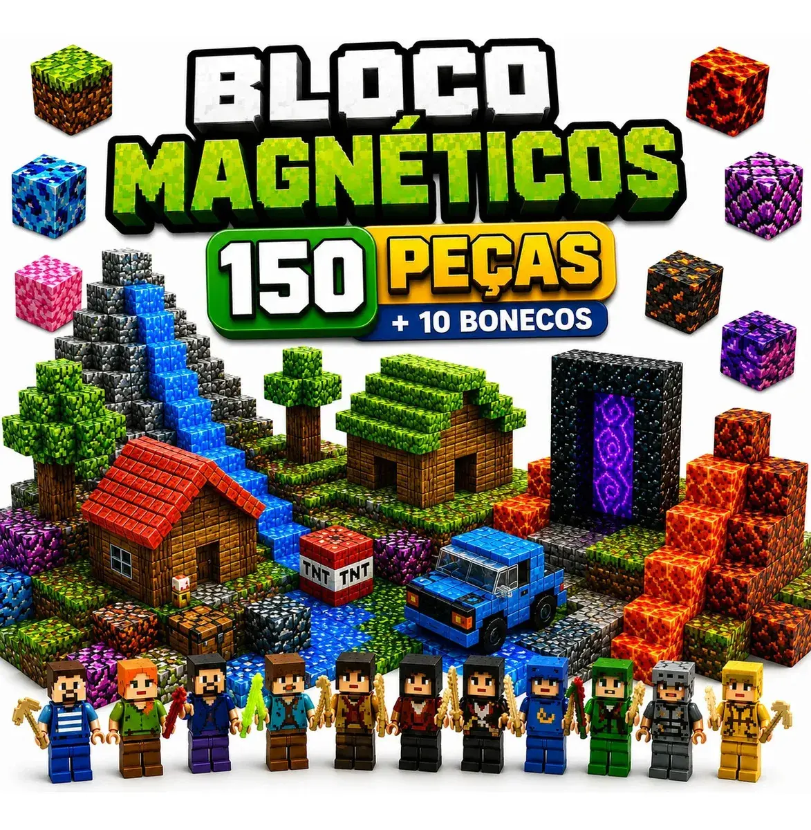 Kit 150 Blocos Magnéticos Cubo Imã Brinquedo Infantil Educativo De Montar Construção 140 Peças + 10 Bonecos Criativo Kl Variedades Digitais