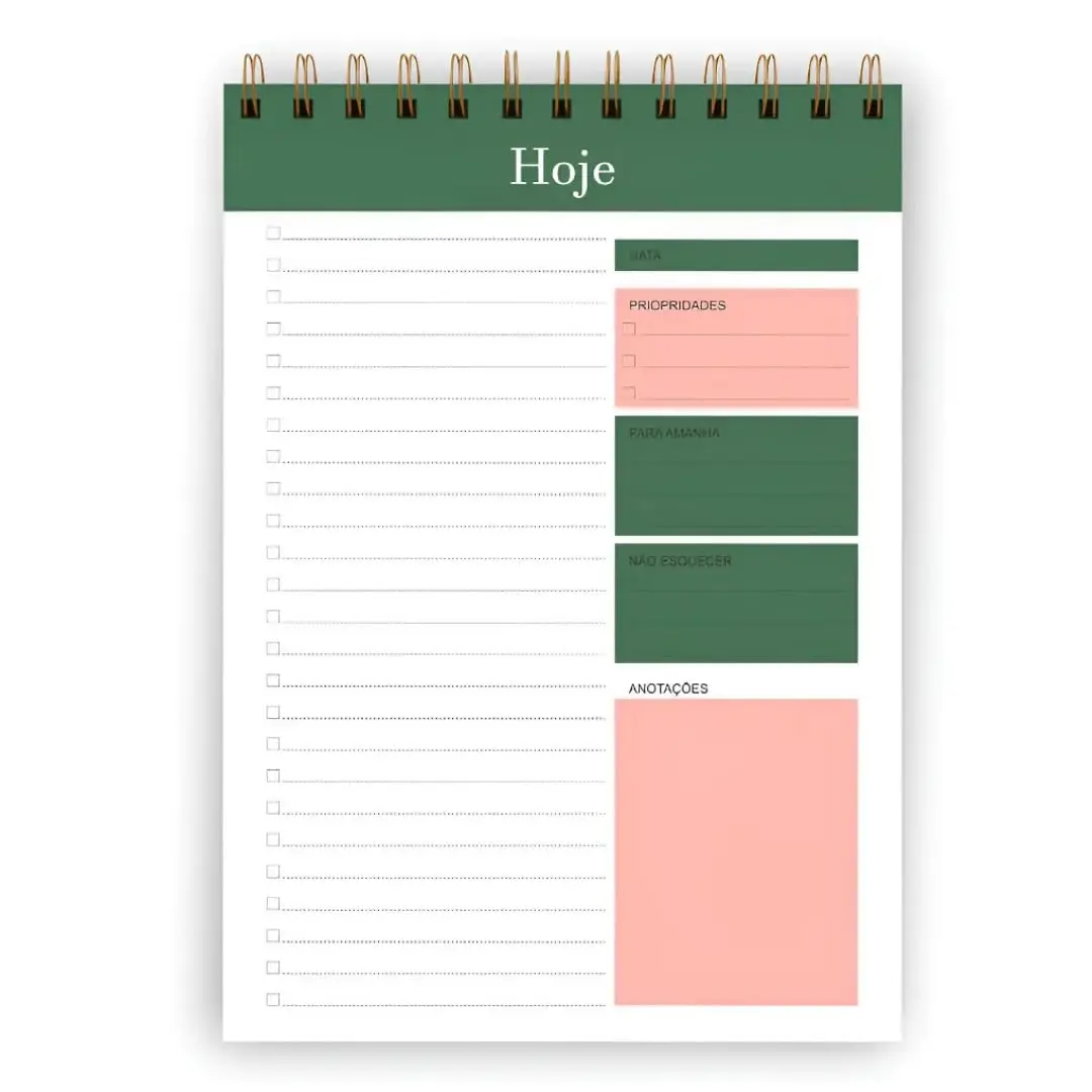 Planner Diário Vertical Não Datado com Checklist, Verde | Bloco Organizador de Tarefas, Espiral Dourada, Divisões Coloridas, 50 Folhas, Capa Acetato Transparente - 1