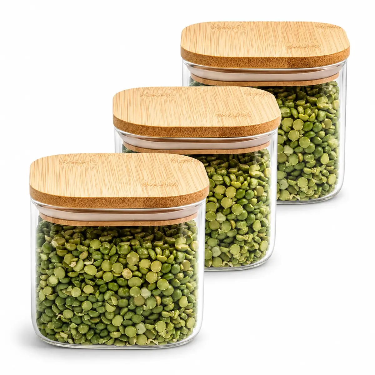 Kit Potes Herméticos de Vidro Transparente Tampa de Bambu (Kit 3-600ml) - 1