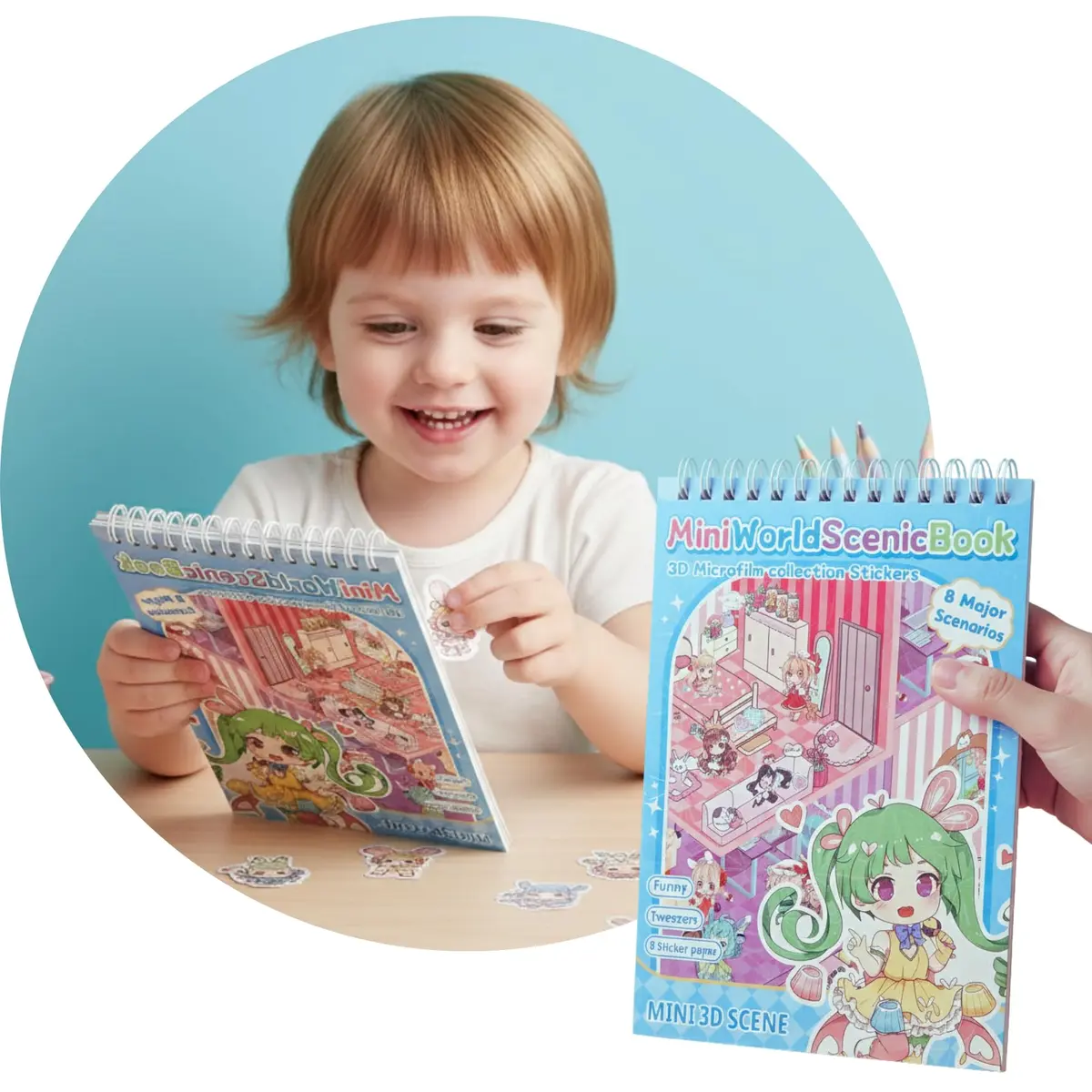 Livro Adesivos 3D Mini World Scenic Book 8 Cenários Interativos DIY (Azul) | Caderno de Adesivos com 8 Cenas Coleção de Cenas com Stickers para Decoração Atividade Criativa para Adultos e Crianças