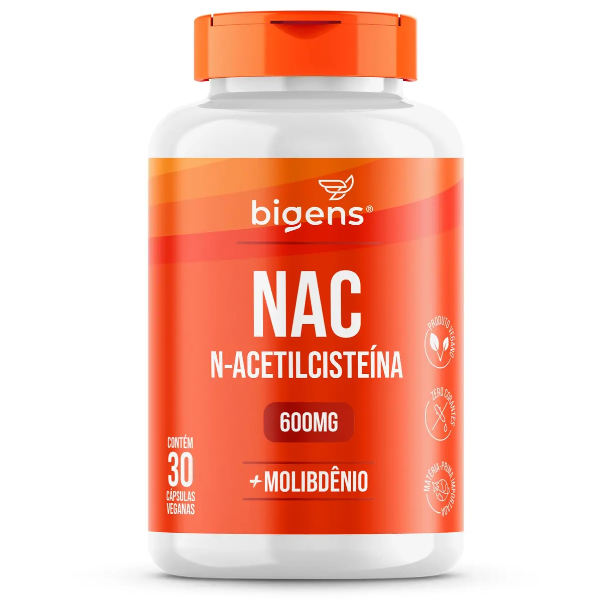 Bigens NAC N-acetilcisteína 600mg + Molibdênio, Vegano, 30 Cápsulas | Vegano