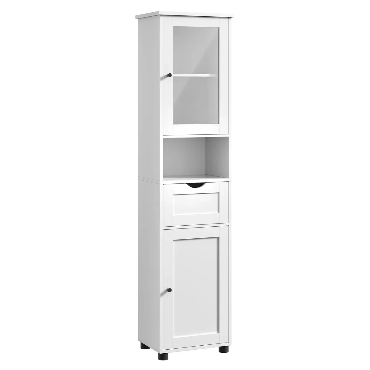 VASAGLE Armário Alto para Banheiro, Armário Estreito, com Prateleira Aberta, Porta de Vidro, Pés Resistentes à Água, Prateleiras com Altura Ajustável, que Economiza Espaço, Branco BRBBK163W01
