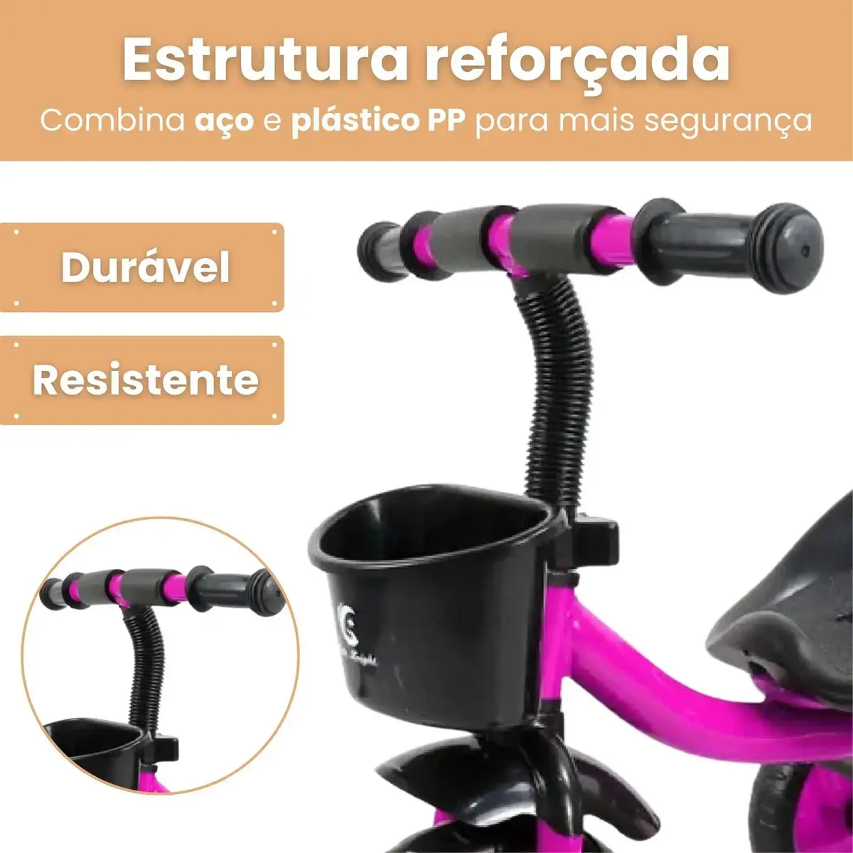 Brinquedo triciclo de 3 rodas para crianças com cesto de bolhas rosa chiclete Atentu triciclo infantil motoca thumbnail 6