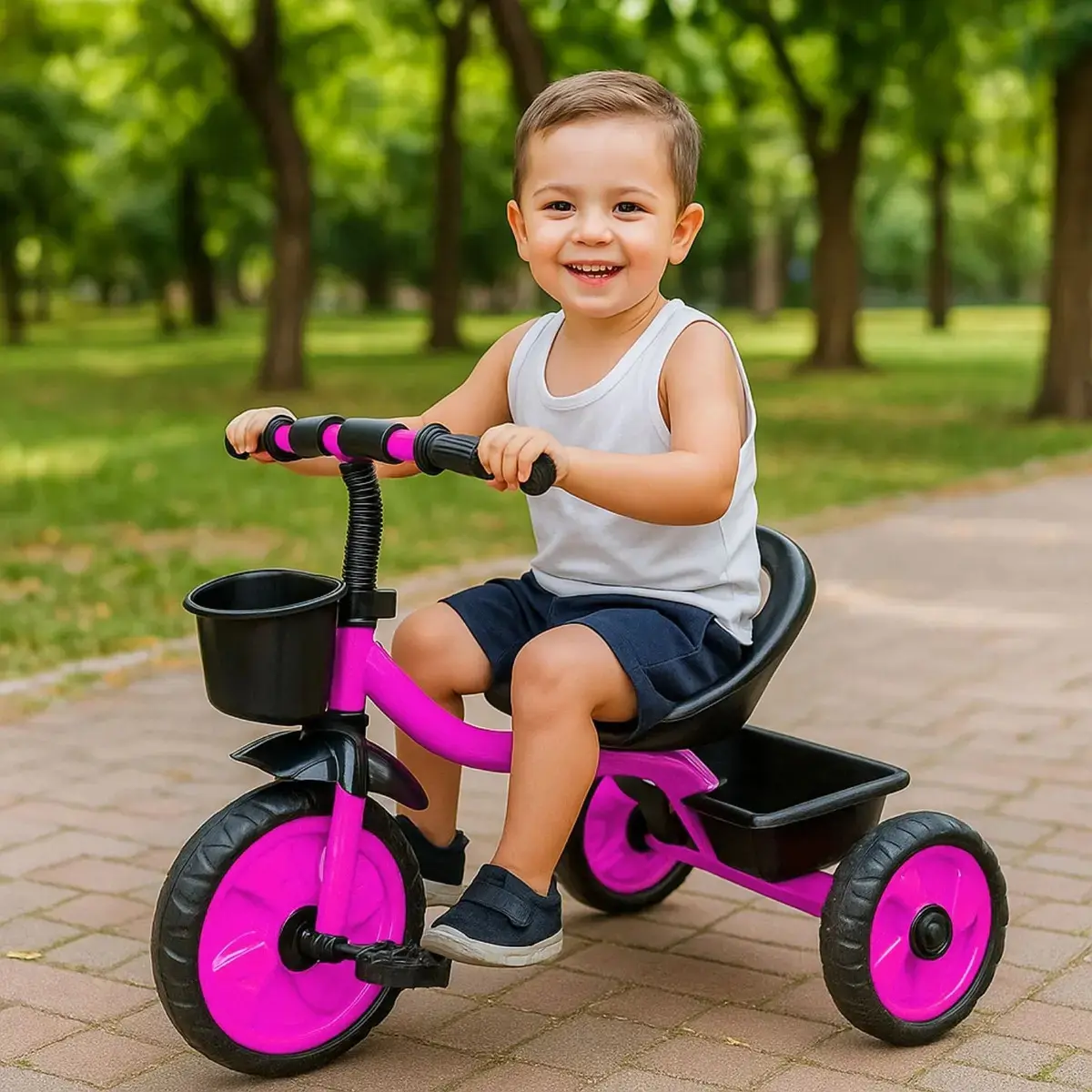 Brinquedo triciclo de 3 rodas para crianças com cesto de bolhas rosa chiclete Atentu triciclo infantil motoca thumbnail 7