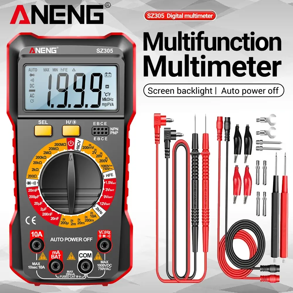 Multímetro Digital ANENG SZ305 Profissional, Medidor de Tensão AC/DC, Amperímetro, Capacitância, HFE, Triodo, NCV, Testador de Indução de Tensão para Eletricistas - 1