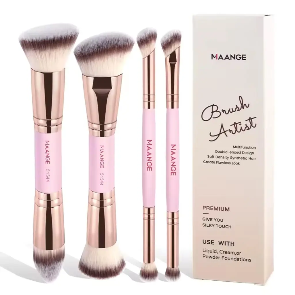 Kit 4 Pincéis Duo – 8 Pontas para Base, Corretivo, Pó e Esfumado (Rosa)