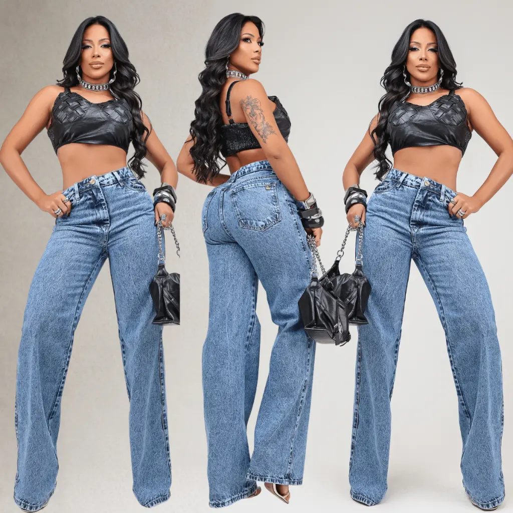 Calça Wid Leg Jeans Feminina Cintura Alta 100% Algodão Premium - 1