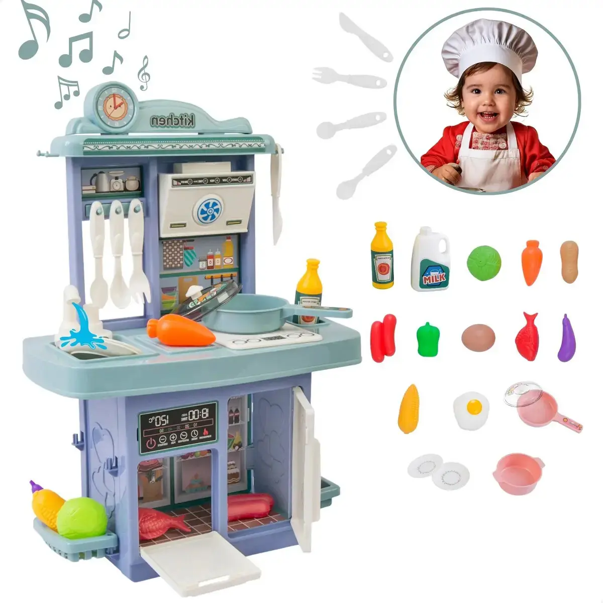 Kit ATENTU mini cozinha de brinquedo cor azul infantil completa solta água e som - 1