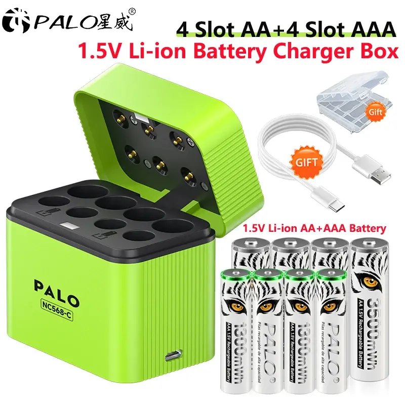 Bateria Recarregável de Íon de Lítio 1.5V AA ou AAA, AA 3500mWh, AAA 1300mWh, Bateria de Lítio de Longa Duração com Estojo de Carregamento Inteligente de 8 Slots