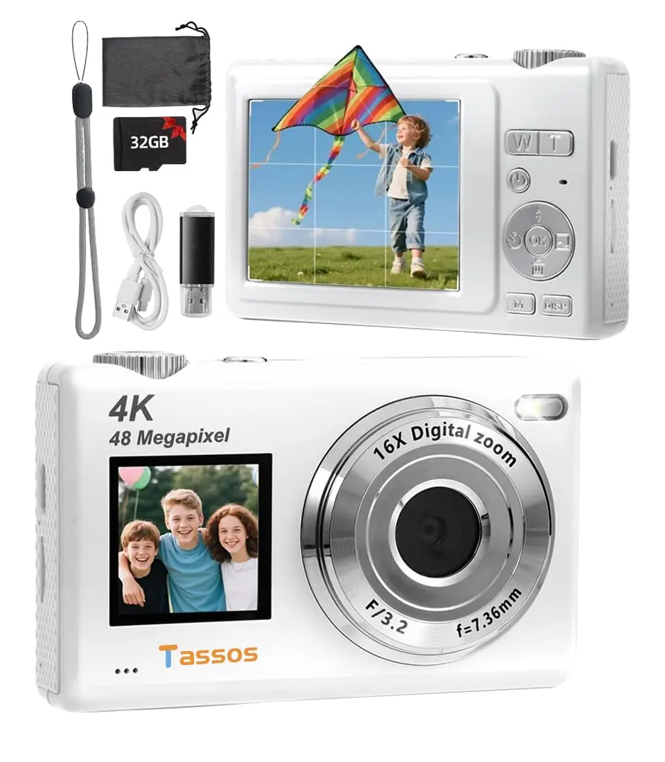 Câmera Digital,Fotográfica 48MP 4K,Câmera Compacta para Vlogs com Tela Dupla, Cartão de 32 GB, Zoom Digital de 16x e Estabilizador de Imagem, Ideal para Iniciantes (Branco)