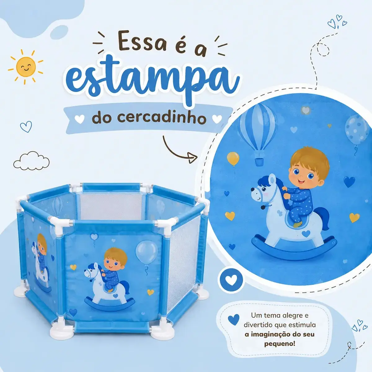 Cercadinho Para Bebê Chiqueirinho Infantil Portátil Unissex Cor Azul Desenho Do Tecido Balão thumbnail 2