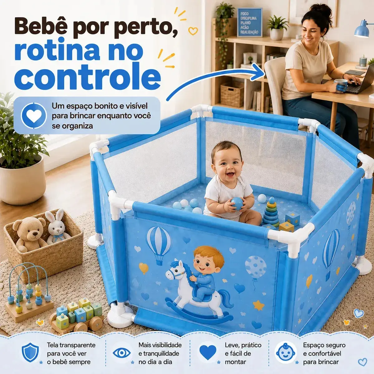 Cercadinho Para Bebê Chiqueirinho Infantil Portátil Unissex Cor Azul Desenho Do Tecido Balão thumbnail 3