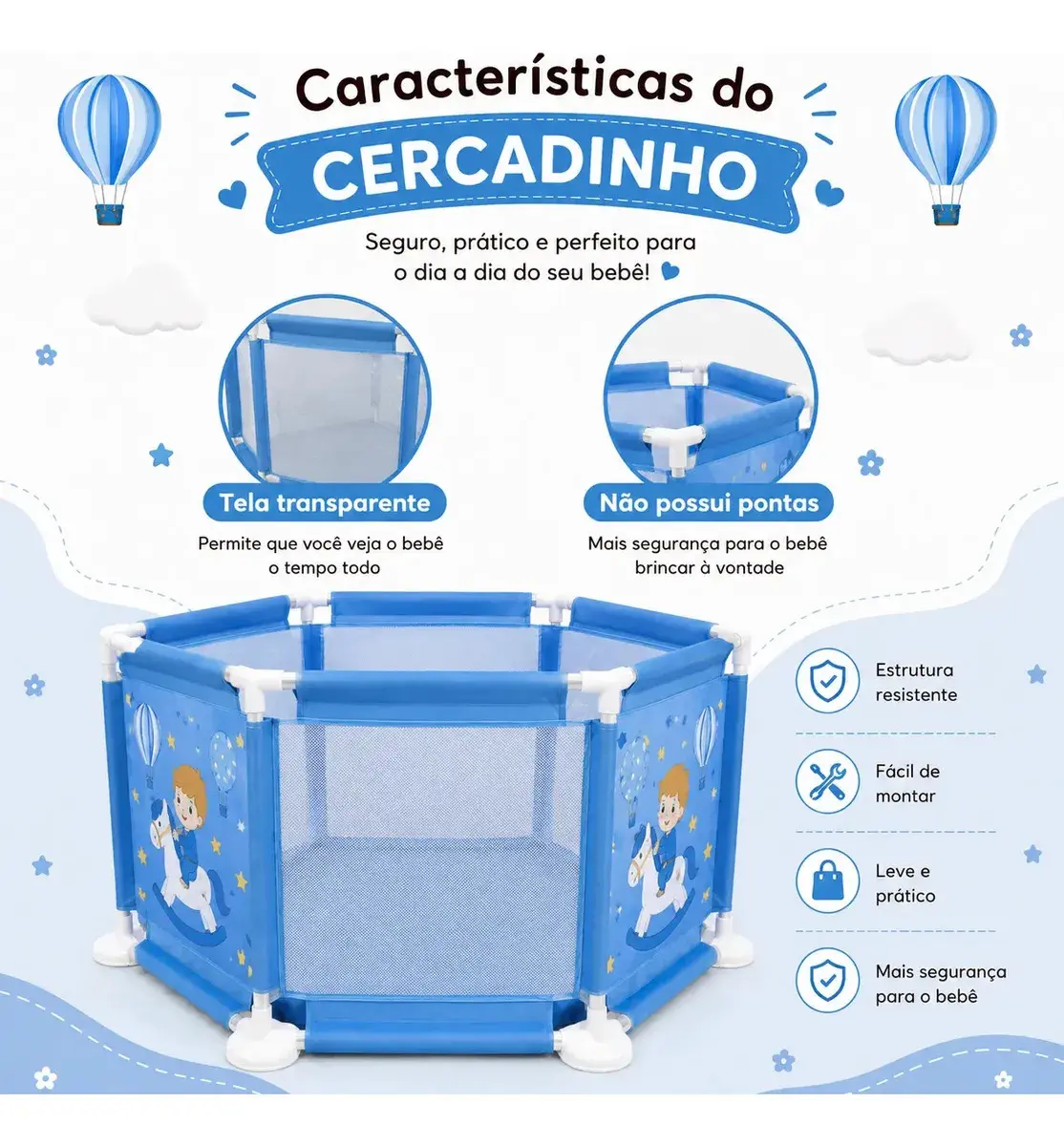 Cercadinho Para Bebê Chiqueirinho Infantil Portátil Unissex Cor Azul Desenho Do Tecido Balão thumbnail 4