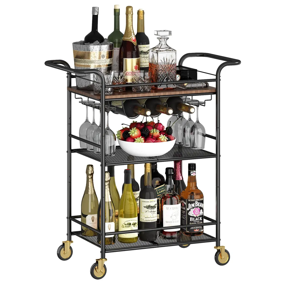 Carrinho de Bar de 3 Níveis com Rodas, Carrinho de Bar Externo para a Casa, com Rack de Vinho e Suporte para Copos, com Compartimento de Malha, Marrom - 1