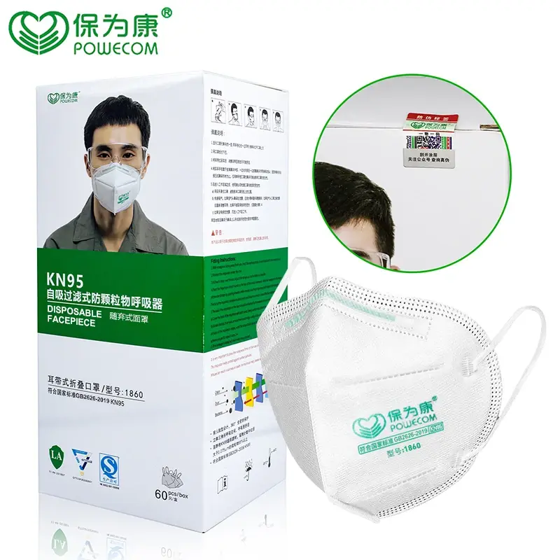 Caixa com 60 Máscaras KN95 POWECOM, Máscara Protetora Facial Anti-Poeira, Mascarilla Tapabocas de 5 Camadas