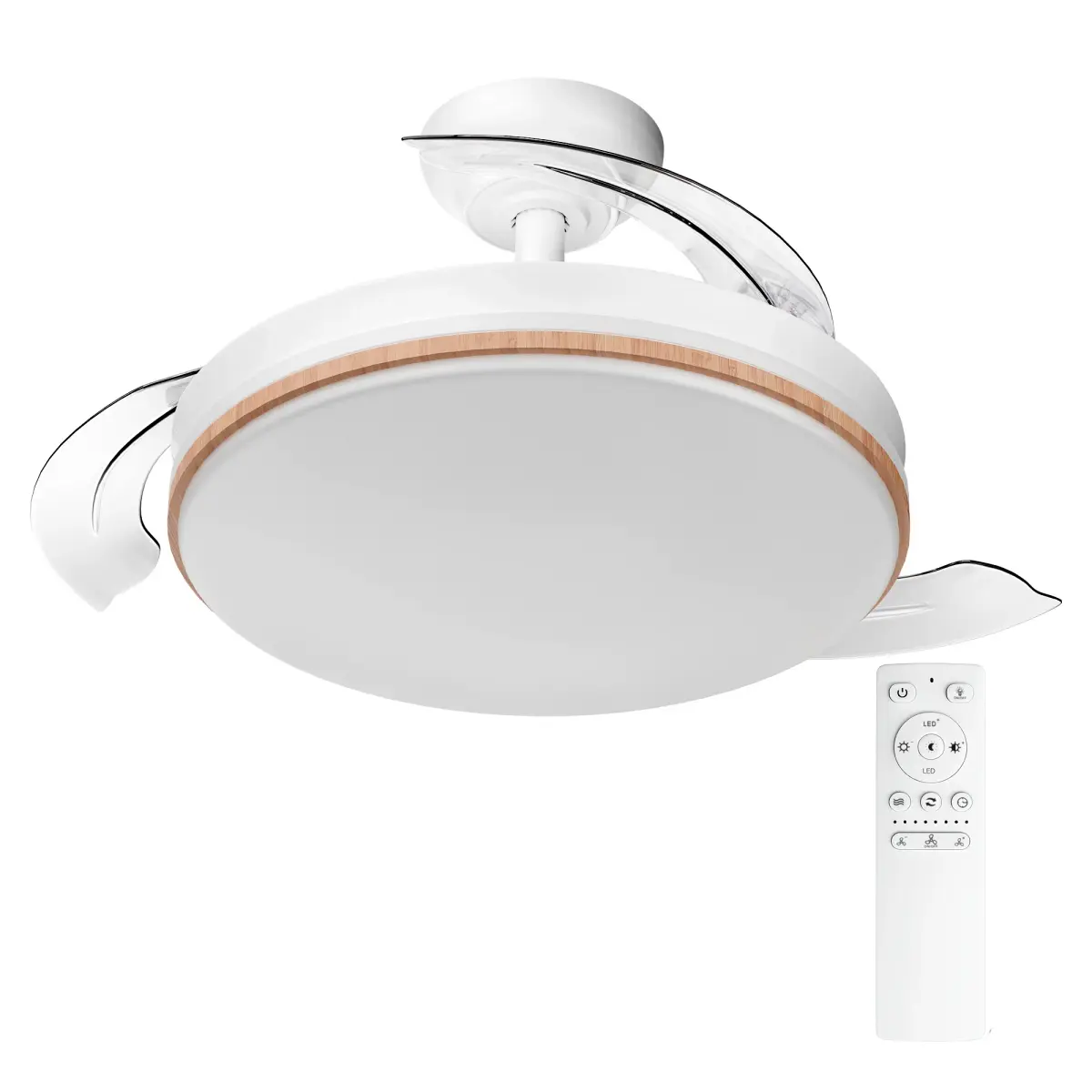 Ventilador de Teto com Luz LED, Controle Remoto, Timer, 8 Velocidades, Hélices Retráteis, 3 Temperaturas de Luz, CCT Silencioso, Intensidade Ajustável