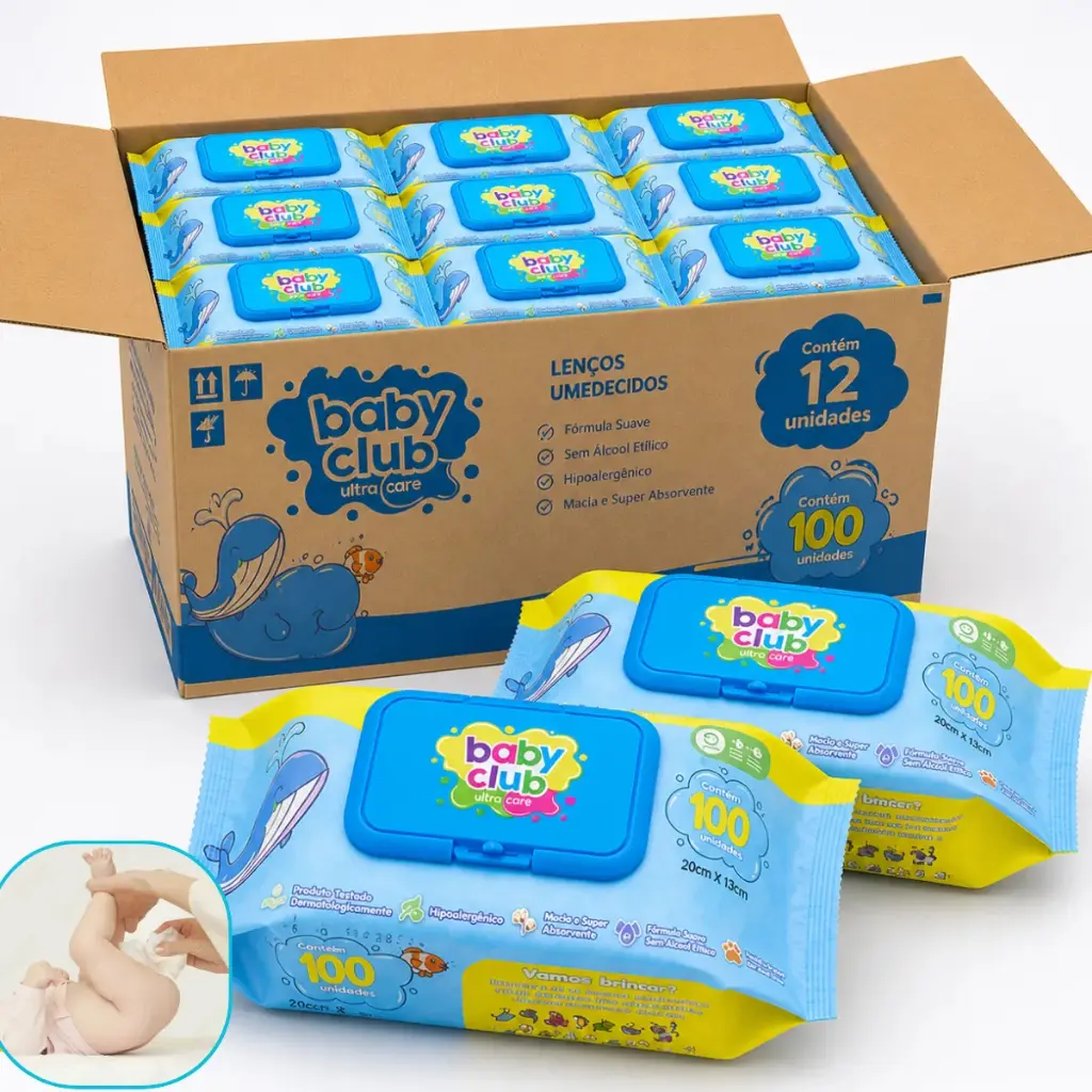 Kit 1200 Lenço Umedecido Baby Club Aloe Vera Caixa C/12 Pack