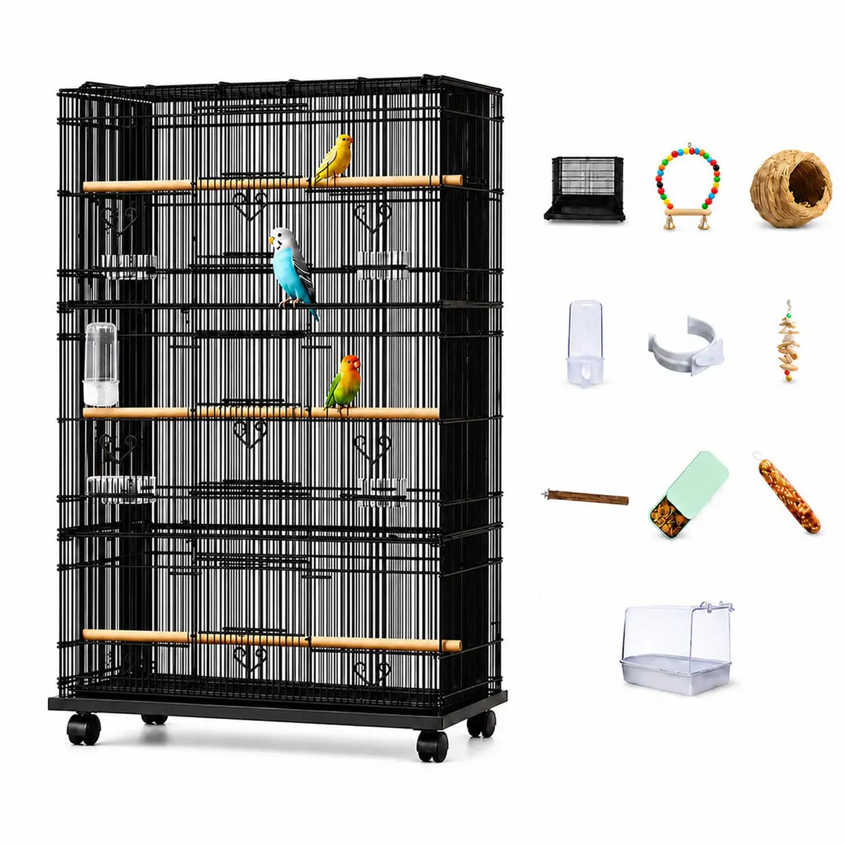 Gaiola para Calopsita Viveiro para Calopsita Gaiola Extra Grande em Aço Carbono Resistente, Espaçoso para Papagaios, Aves, com Rodízios e Kit Completo de Acessórios