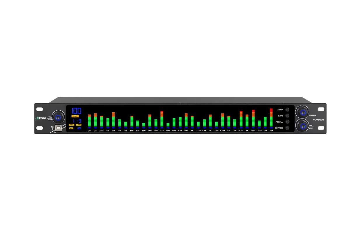 Equalizador de áudio digital, equalizador gráfico estéreo de 31 bandas, visor de espectro LED, 10 efeitos predefinidos, processadores de sinal para estúdio de gravação.