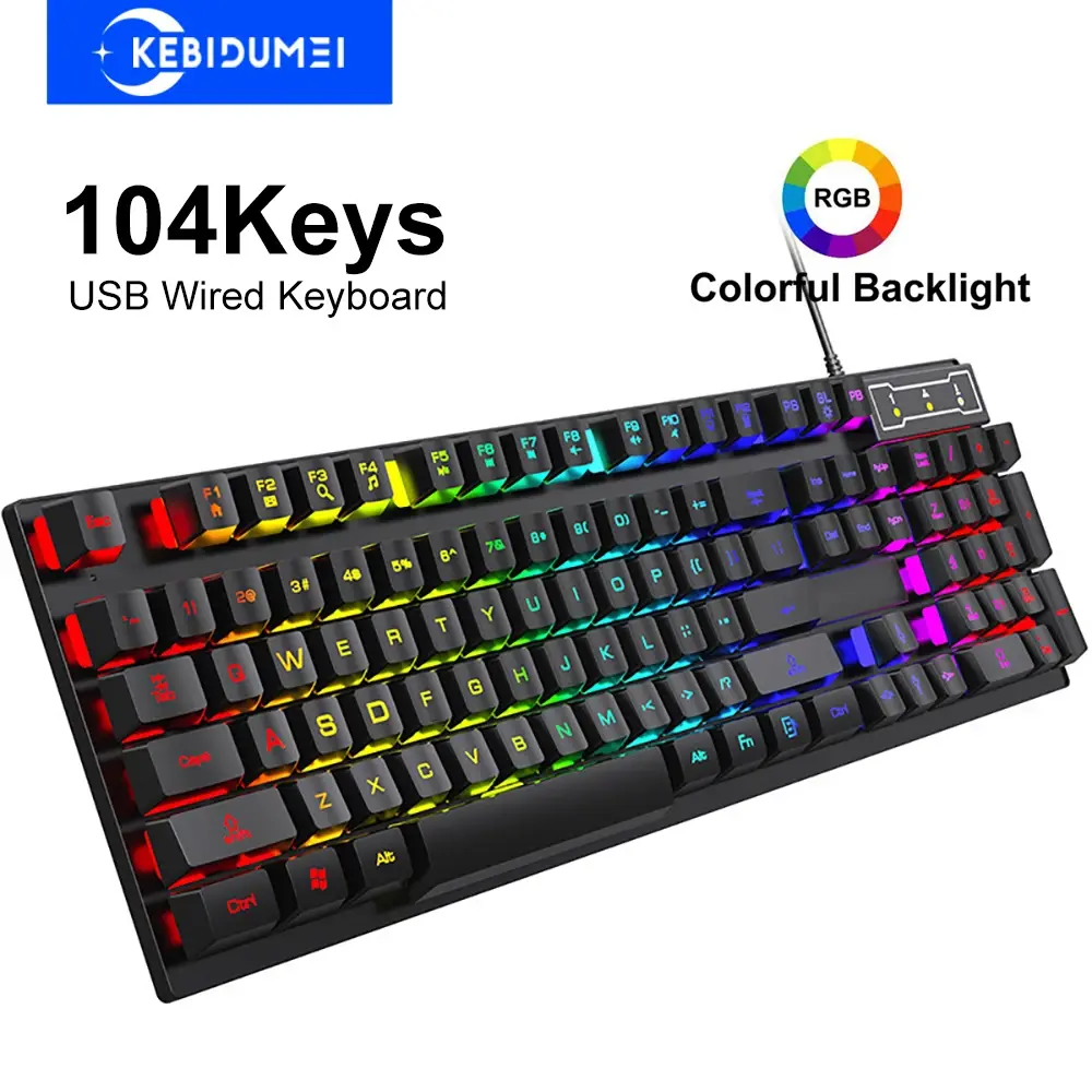 Teclado com Fio de 104 Teclas RGB Colorido para Jogos, Teclado com Sensação Mecânica, Teclado Padrão para Computador Laptop Windows