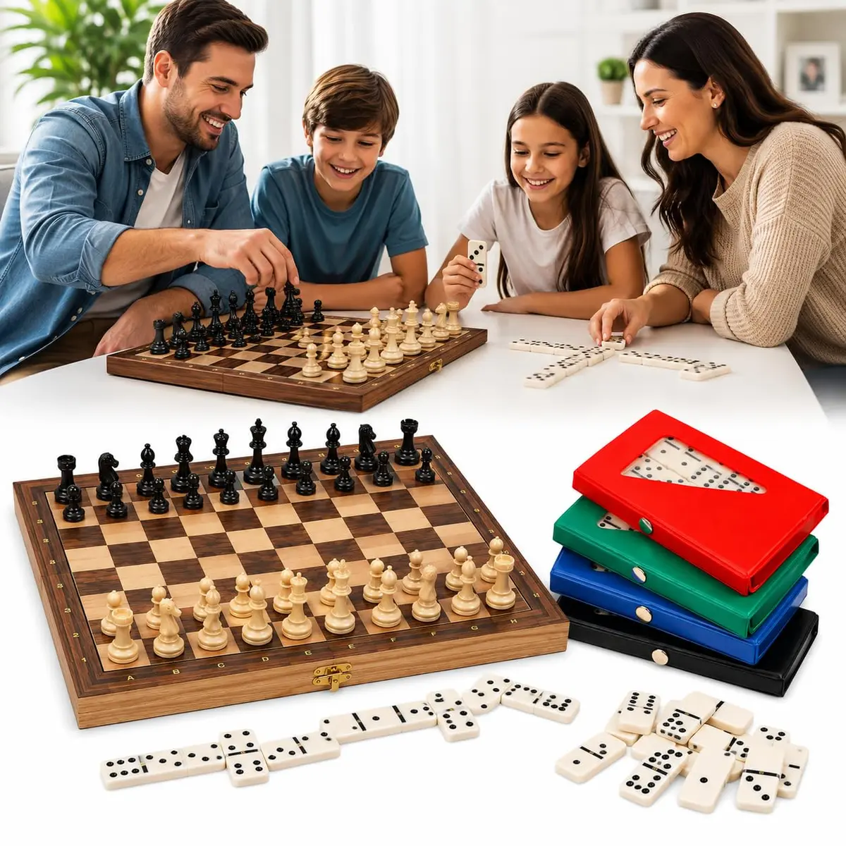 Kit Jogos de Tabuleiro Xadrez 3 em 1 Magnético 24cm e Dominó com Estojo | Kit clássico de tabuleiro em madeira magnético e dominó estilo osso, ideal para presente, viajar e reunir a família .