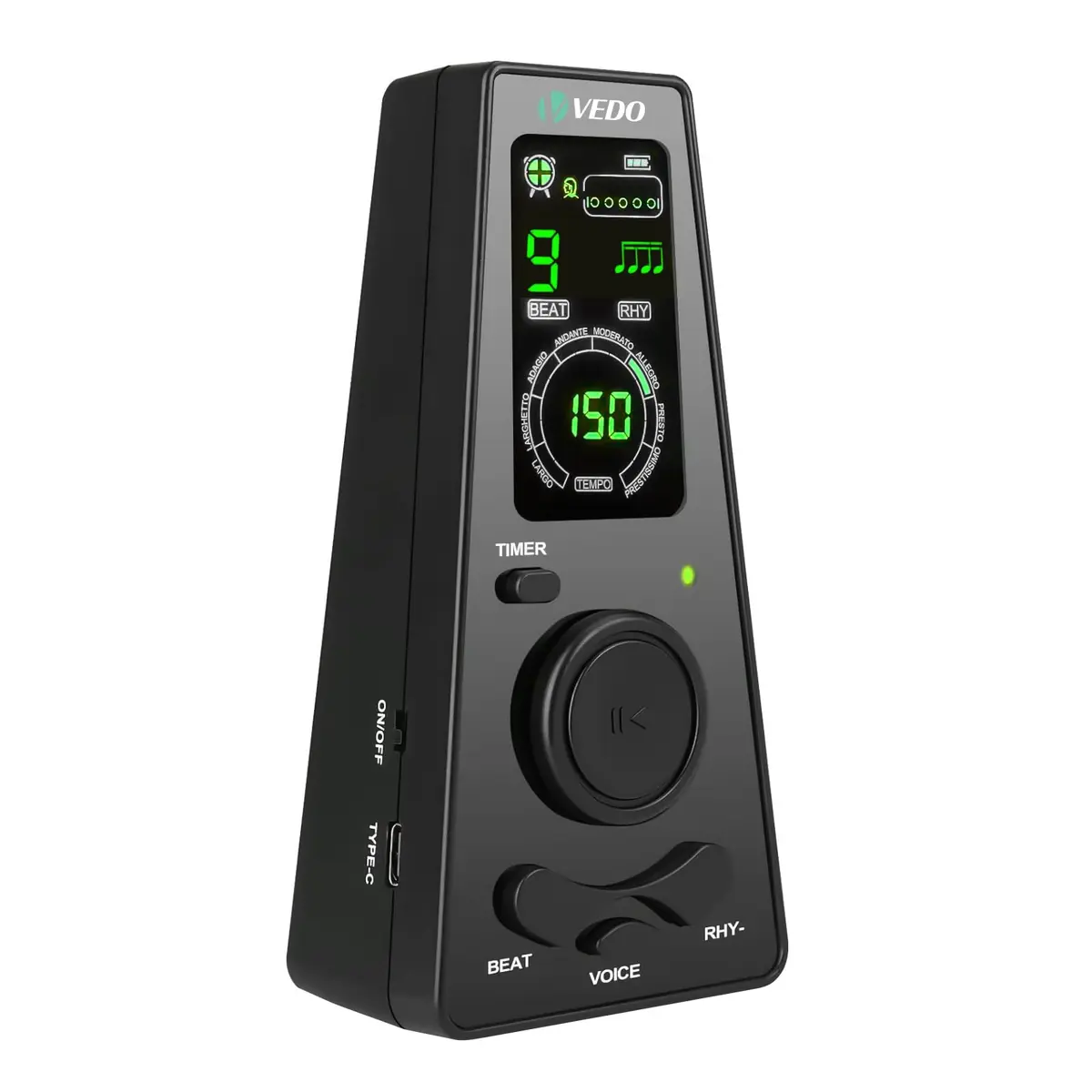 Metrônomo digital VEDO com temporizador, contagem vocal em inglês, operação um toque e display colorido fácil leitura Metrônomo eletrônico com controle volume para piano, guitarra, bateria e violino