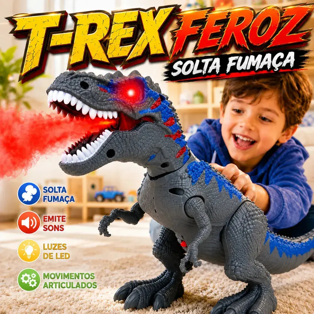 Dinossauro T-Rex Robo Brinquedo Anda Solta Fumaça Sons Luzes Led Rugido Movimentos Articulados Infantil Tiranossauro Interativo Educativo Presente Criança Menino Divertido Azul Flow Dimension