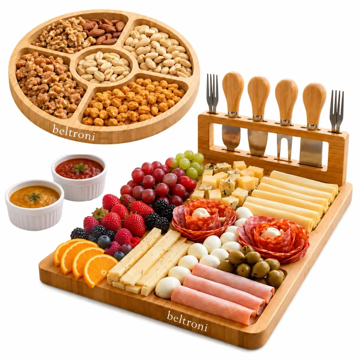 Kit Tábua de Frios Petisqueira Grande e Petisqueira Redonda De Bambu Com Suporte Magnético e Garfinhos de Inox Luxo - 1