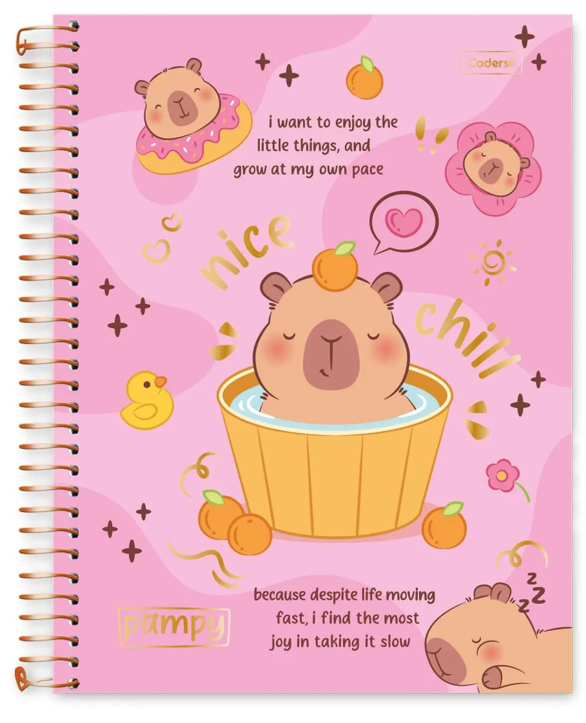 Caderno Universitário Cadersil, 10 Matérias, 160 Folhas | Estampa Capymoods Pampy de Capivara, Capa Dura, Hot Stamping Dourado
