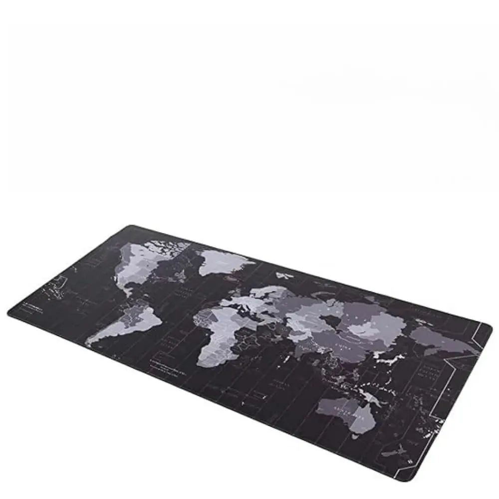 Mouse Pad Gamer 80x30, Mapa Mundi, Base Antiderrapante, Preto e Cinza, Grande, Escritório e Gaming