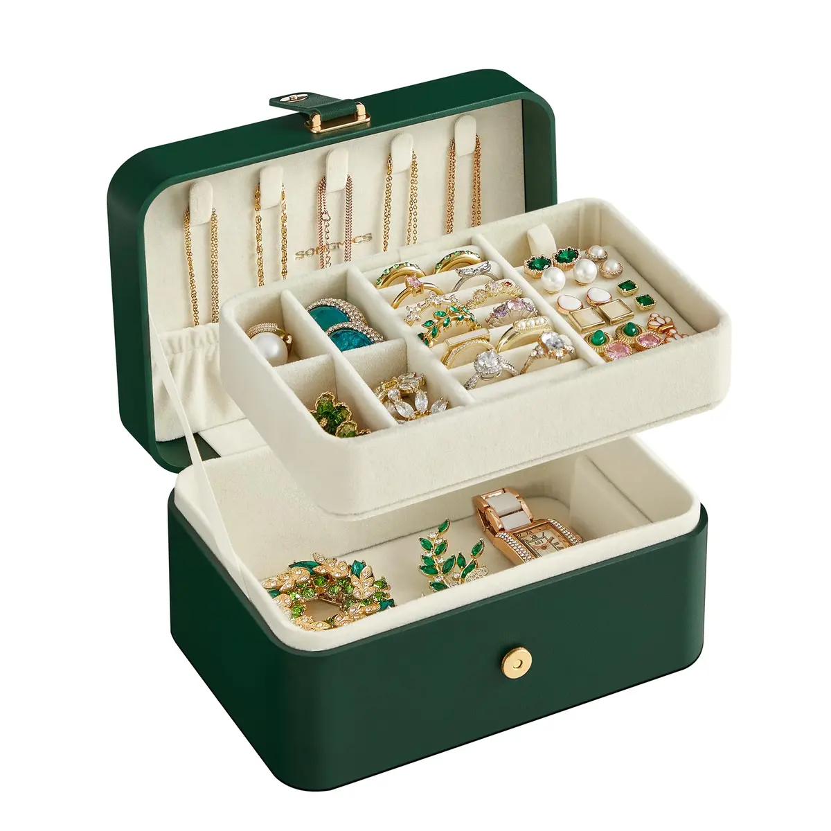 SONGMICS Caixa de Joias, Organizador de 2 Camadas, Estojo de Joias de Viagem 11,6 x 16 x 7,5 cm, Portátil, Pequeno e Espaçoso, para Acessórios Maiores, Ideia de Presente, Verde Floresta BRJBC166C01 - 1