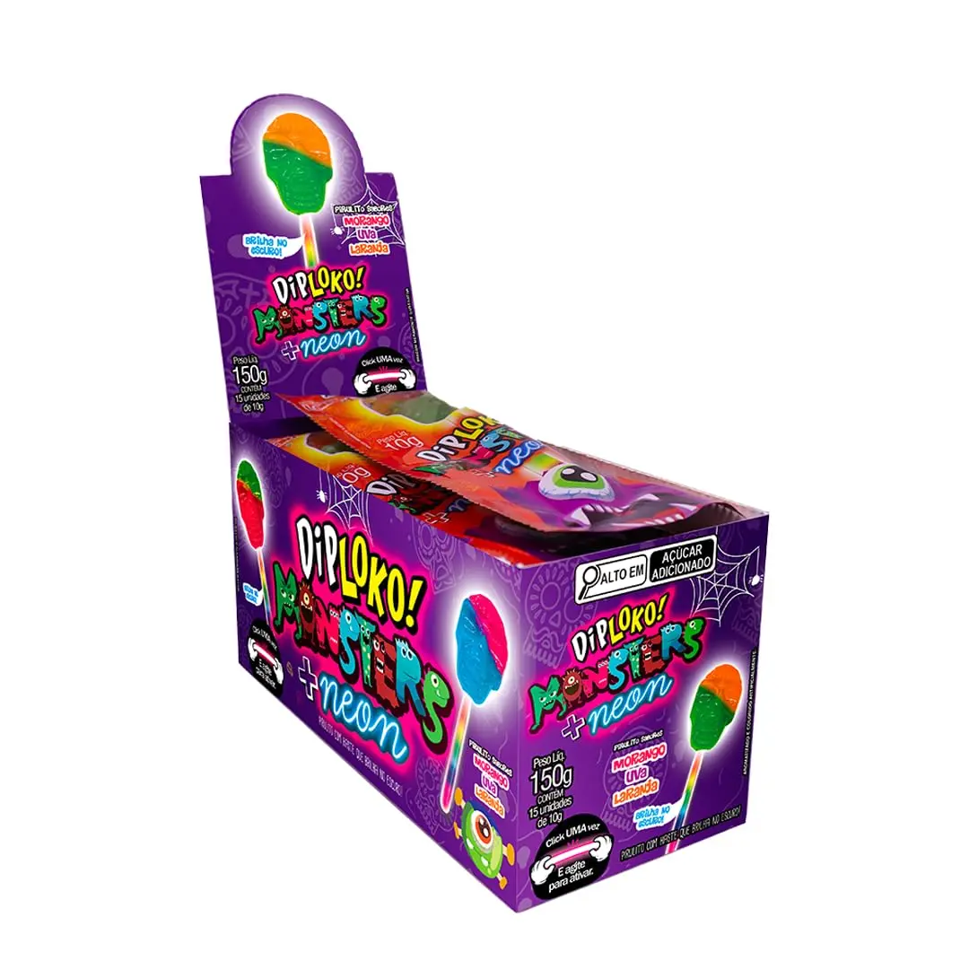 Pirulito Dip Loko Neon, Caveira, Sortidos, 10g | 12 Pacotes com 15 Unidades - 1