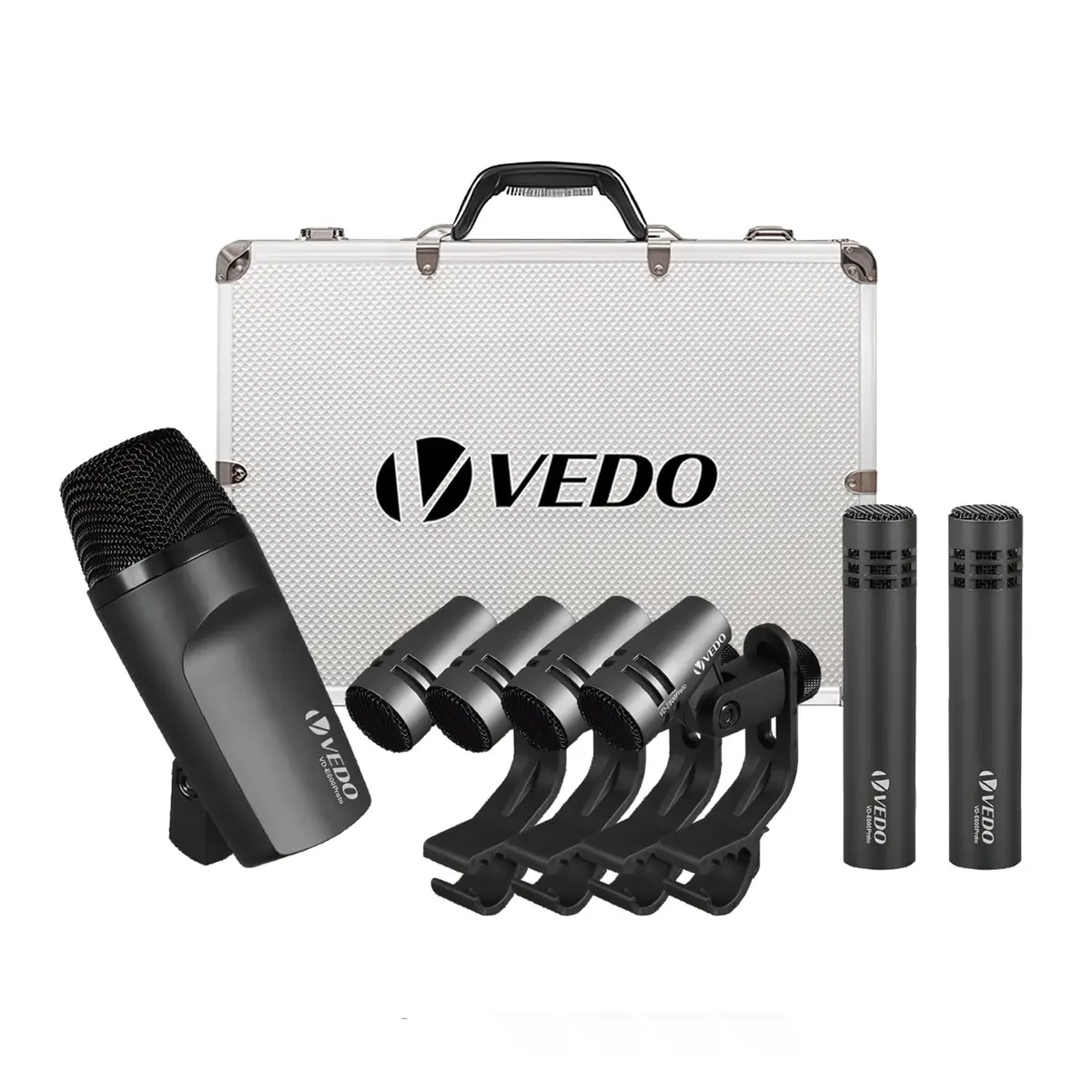 VEDO Kit de Microfone Dinâmico para Bateria 7 Peças - Microfones para Bumbo, Tom/Caixa e Pratos - Conjunto Completo em Metal para Gravação Profissional e Performances ao Vivo com Alta