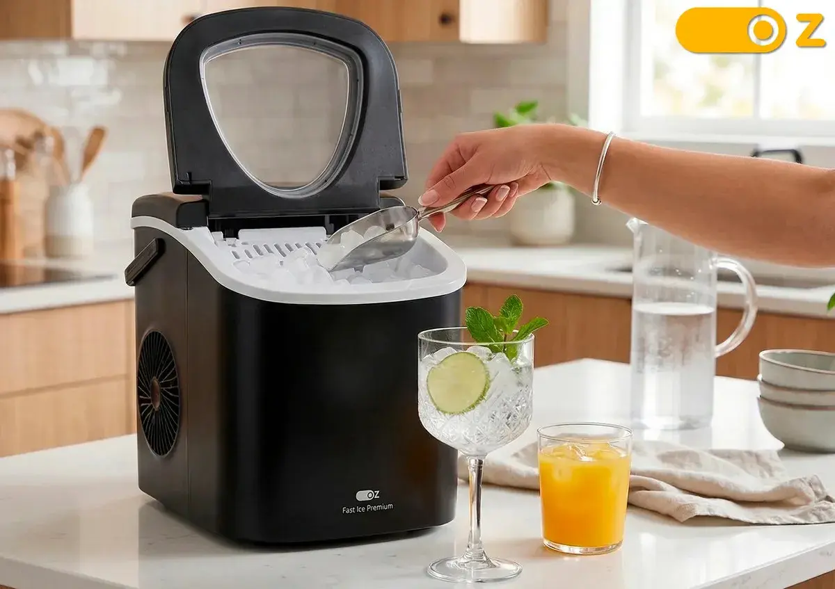 Máquina Fabricadora De Gelo Turbo Ice Mg1500 Oz 13kg Portátil Eficiente Limpeza Automática Com Pá E Cesto Premium thumbnail 2