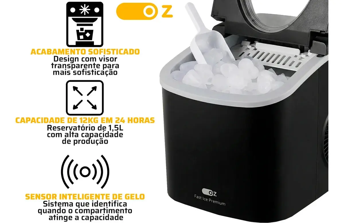 Máquina Fabricadora De Gelo Turbo Ice Mg1500 Oz 13kg Portátil Eficiente Limpeza Automática Com Pá E Cesto Premium thumbnail 4