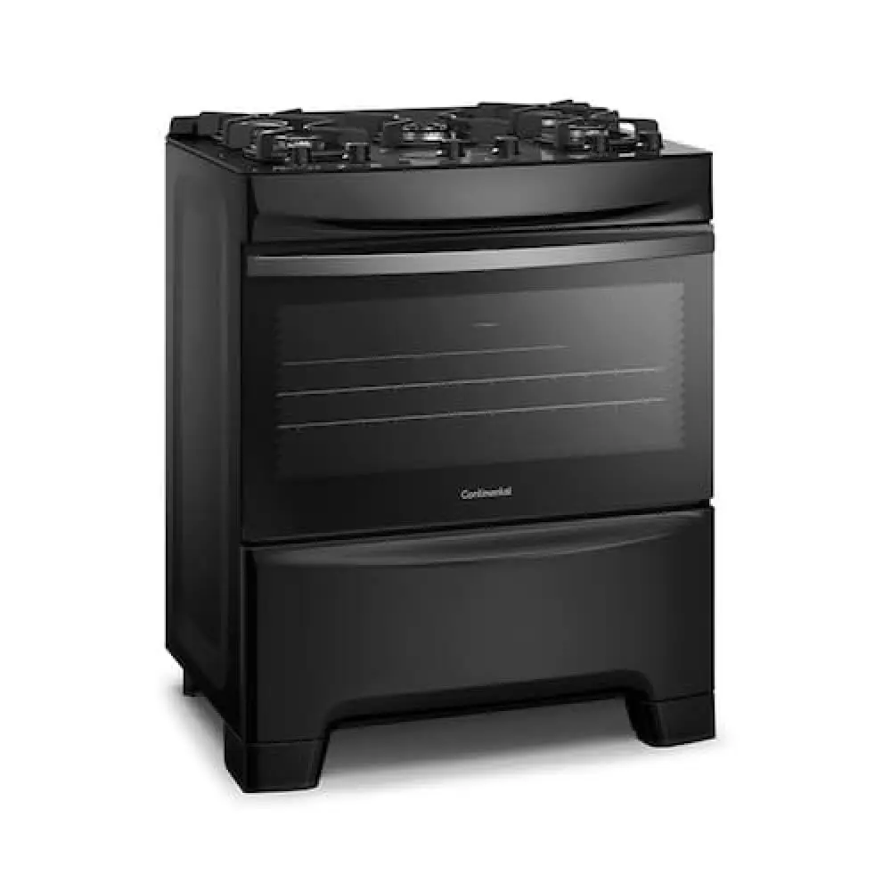 Fogão Continental de Piso a Gás 5 Bocas FC5GB com Mesa de Vidro Temperado Forno Eco Turbo Preto Bivolt 76 x 60,20 x 95,60 cm Botões Removíveis 36 kg