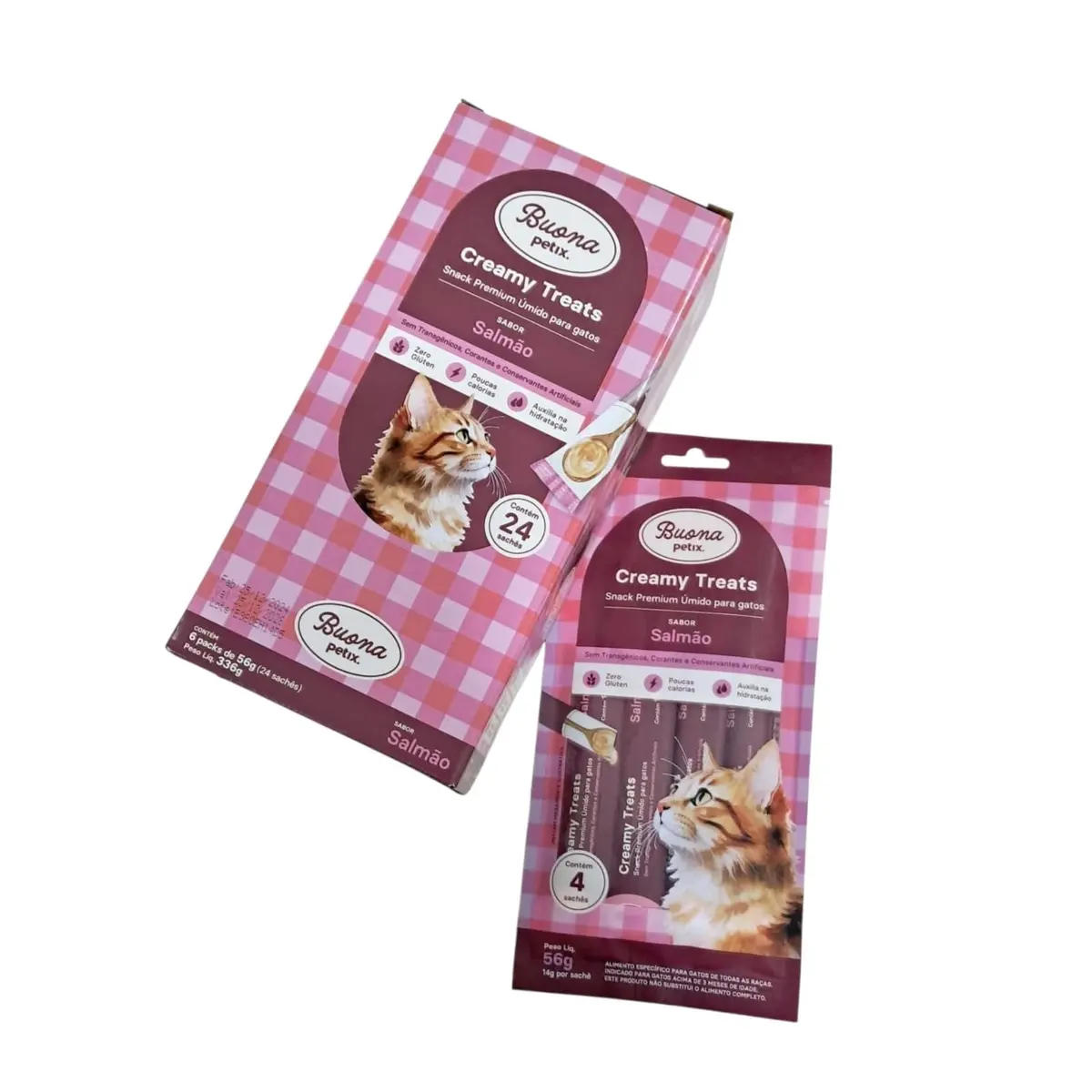 Buona Petix Creamy Treats Petisco para Gatos Sabor Salmão, Snack Premium Úmido, Sem Glúten, 24 Sachês, 336g