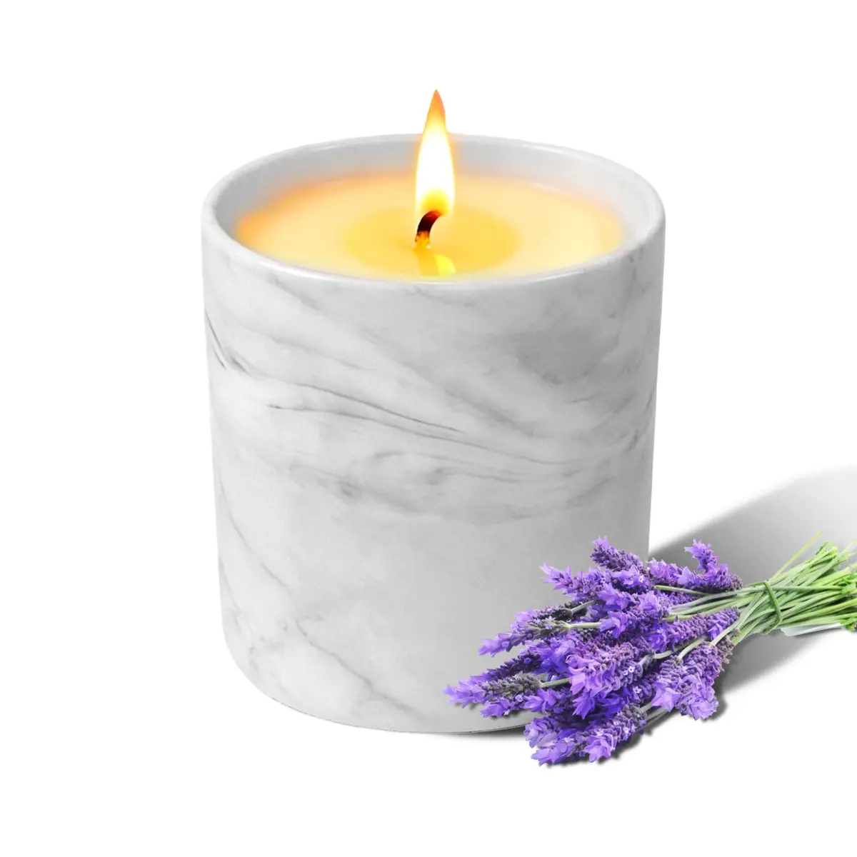 Vela Aromática de Lavanda em Pote de Cerâmica Cinza Mármore 600g, Cera de Soja Vegetal, Longa Duração, Aromaterapia para Casa Banheiro, Ótima Opção de Presente para Homens e Mulheres