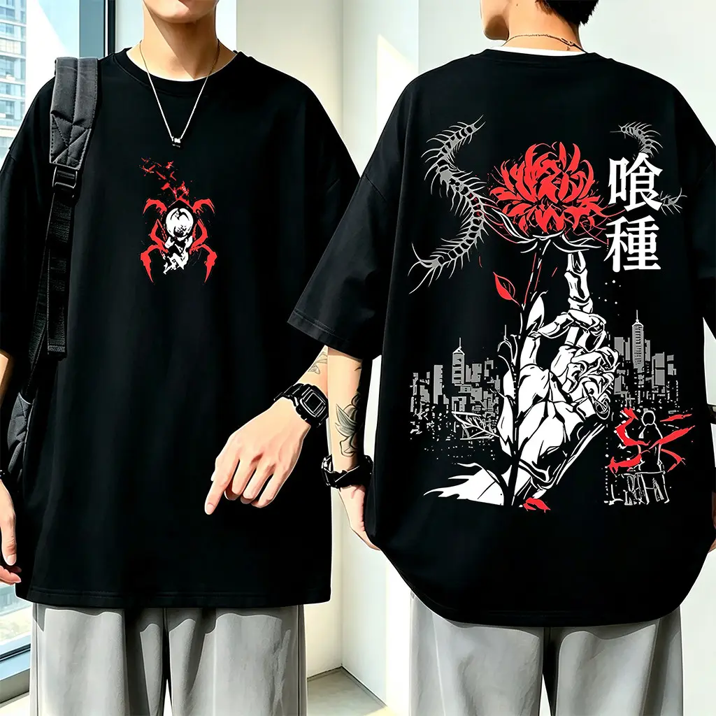 Camiseta Unissex Algodão Estampa Frente e Verso Tóquio Ghoul Anime Flor Vermelha Casual Tendência