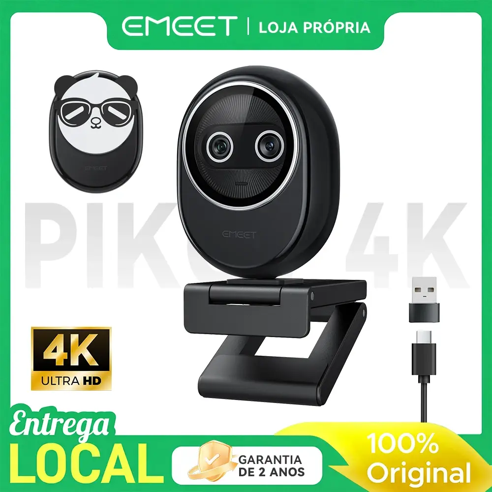 EMEET Piko/Piko+ Webcam 4K com sensor grande, 3 microfones e 3 modos de som, capa de privacidade magnética Panda, USB C-C&C-A, ideal para streamers ao vivo e criadores de conteúdo