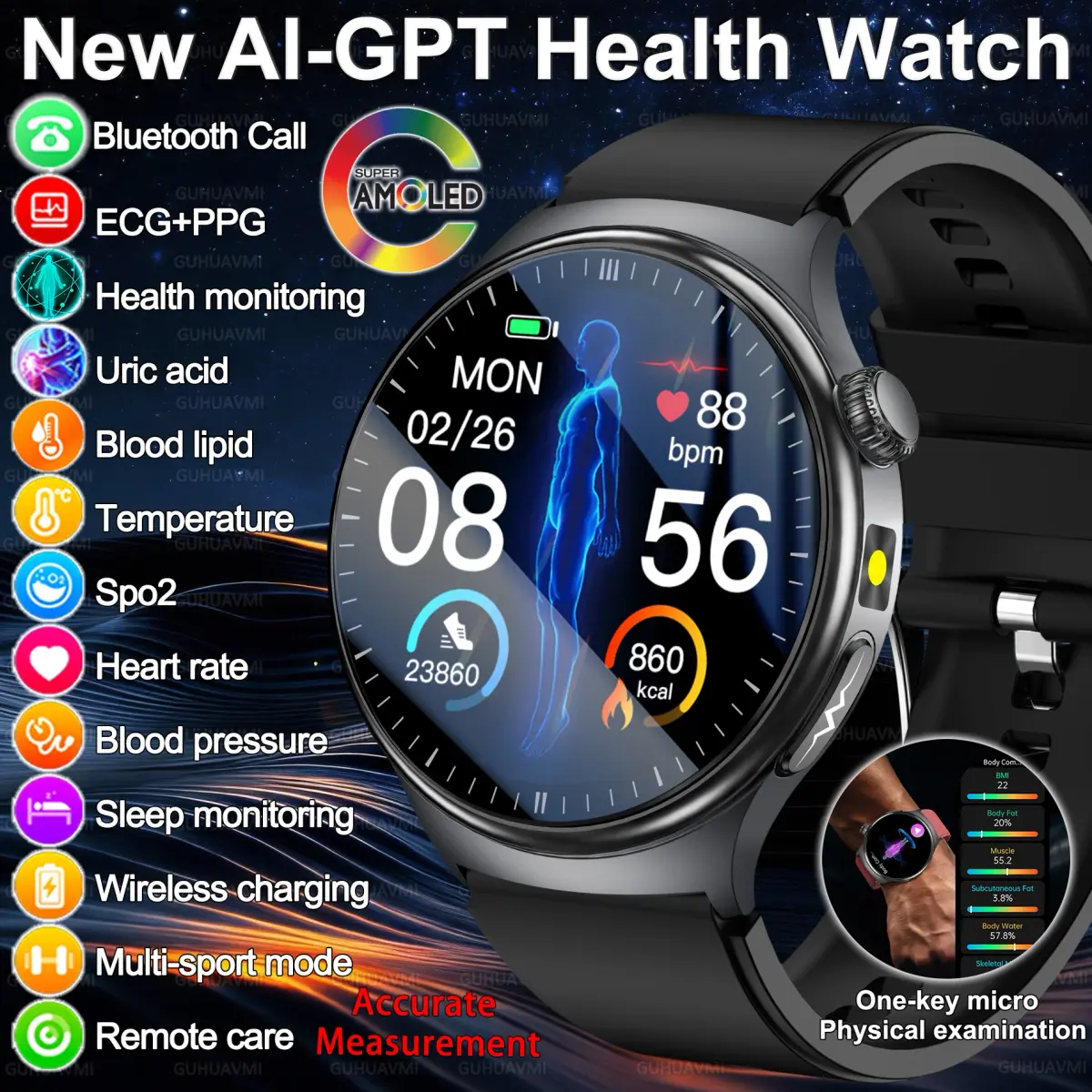 2026 Novo Relógio Inteligente com Diagnóstico Preciso, Medição de Gordura Corporal, ECG, Oxigênio no Sangue, Pressão Arterial, Saúde, Esporte, Tela AMOLED HD, Chamadas, Relógio Inteligente para Homens e Mulheres