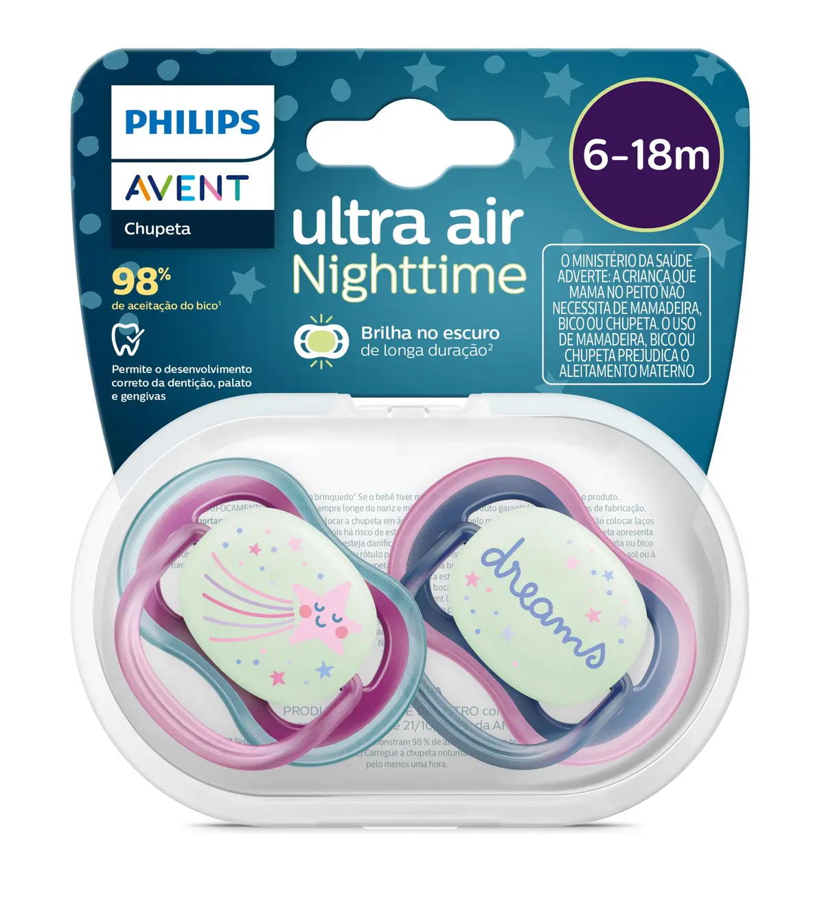 Chupeta Philips Avent Ultra Air Noturno, Azul e Rosa, 6 a 18 meses | Dupla Deco, Brilha no Escuro, Escudo Leve e Respirável, Bico 100% em Silicone