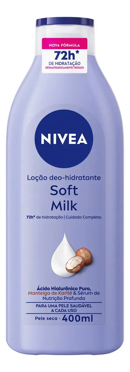 NIVEA Loção Deo-Hidratante Soft Milk 400ml, Hidratação Profunda 72h, Hialurônico Puro, Corporal, Pele Seca