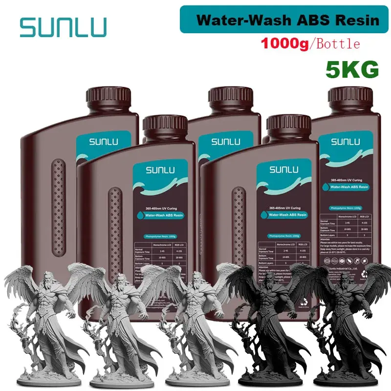 Resina ABS lavável com água SUNLU 5KG 1000G/Frasco 405nm Resina fotopolímera de cura rápida UV para impressão 3D em LCD - 1
