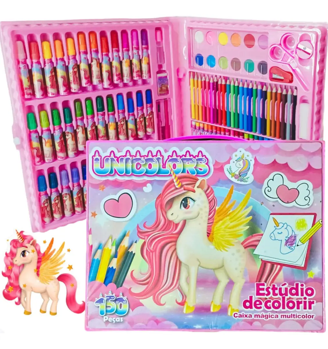 Kit Escolar Menina Maleta Pintura TeOliver 150 Peças Unicórnio Canetinhas Lápis de Cor Giz de Cera Tinta Aquarela