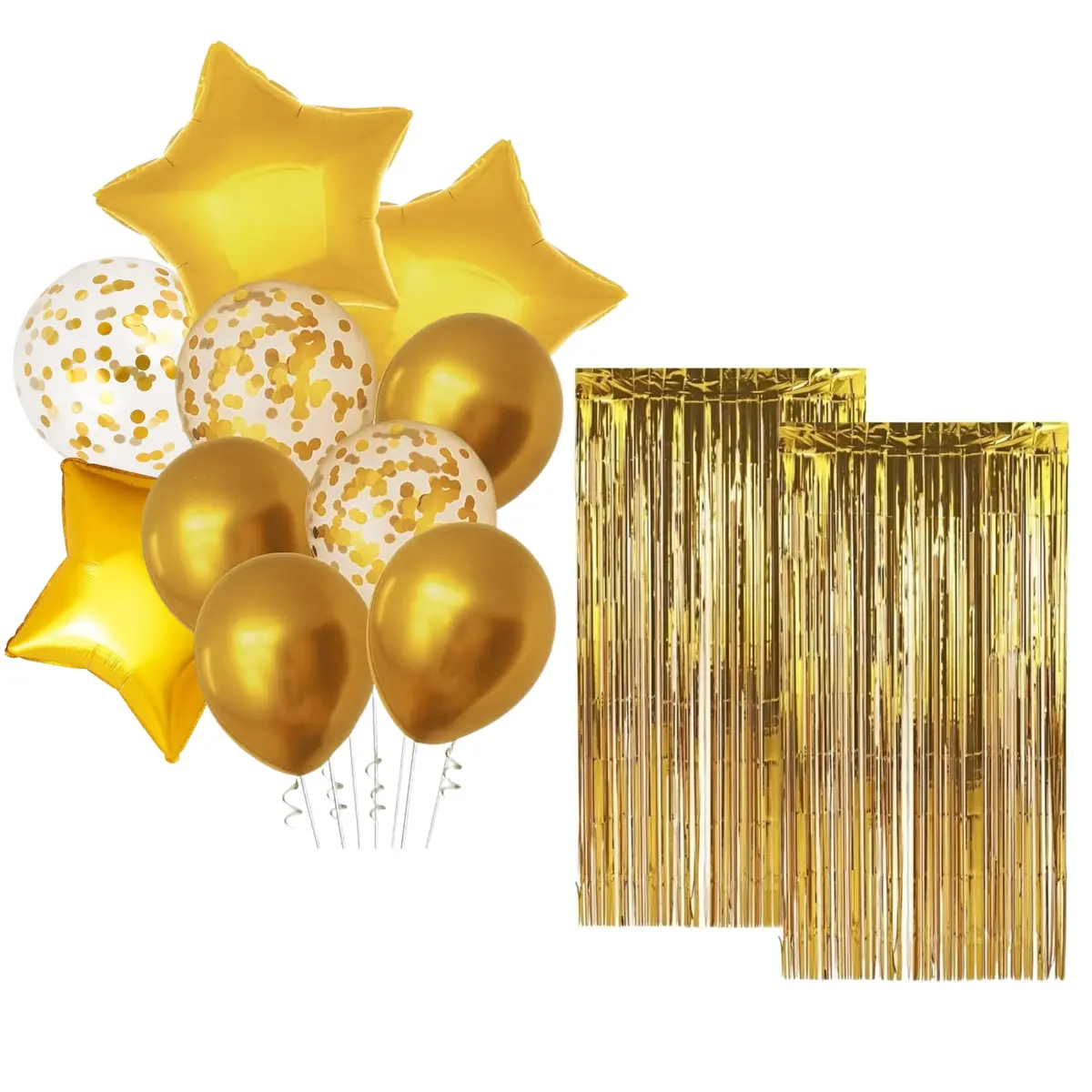 Kit Festa Balões com 3 Estrelas Metalizadas, 3 Bexigas com Confete, 4 Bexigas Látex Metalizado e 2 Cortinas Metalizadas, Decoração e Aniversário - 12 peças (Dourado)