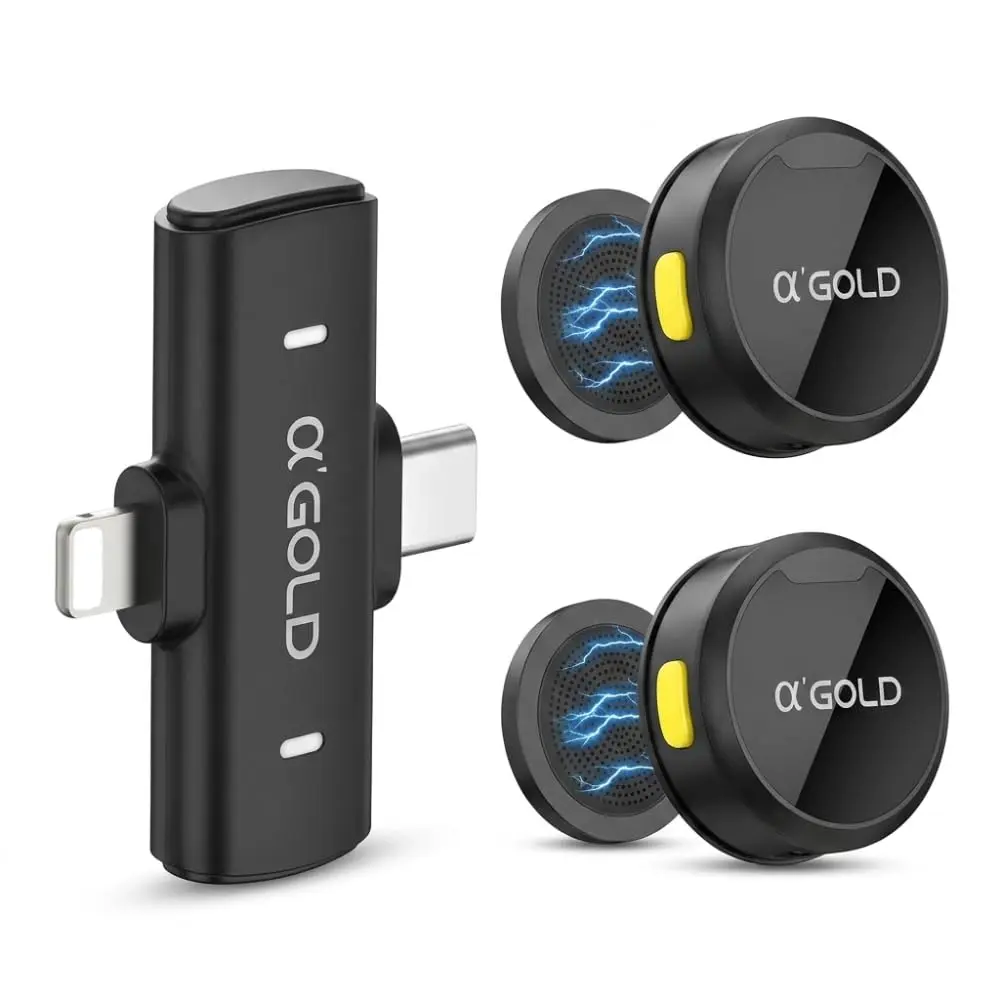 Microfone de Lapela sem Fio Bluetooth - Kit 2 Microfonones Abafamento de Ruído, até 10 Horas Tempo de Trabalho, Compatível com Camera, iPhone, Android, PC - Conexão Android e USB-C - Linha Premium